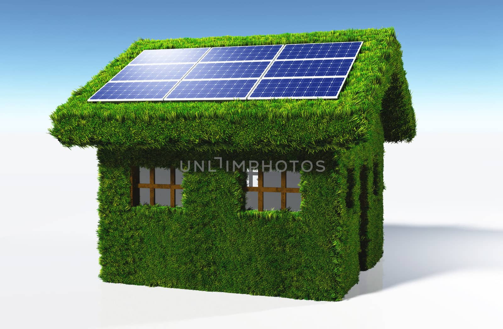 a small house covered by grass on the walls and on the roof, has some solar panels placed on one side of the roof with the sun that reflects in them, on a white background and a blue sky