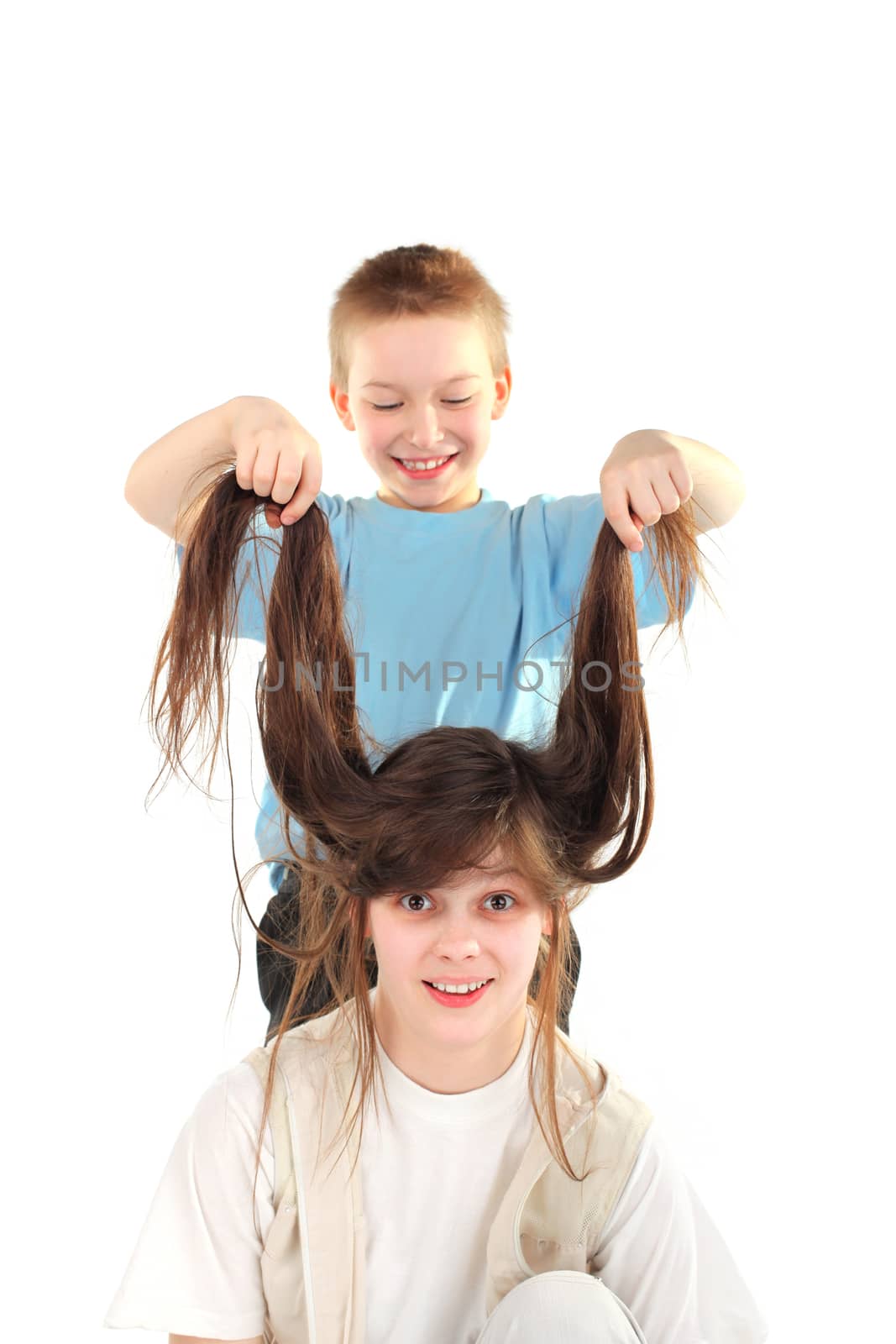 cherful brother and sister isolated on the white background