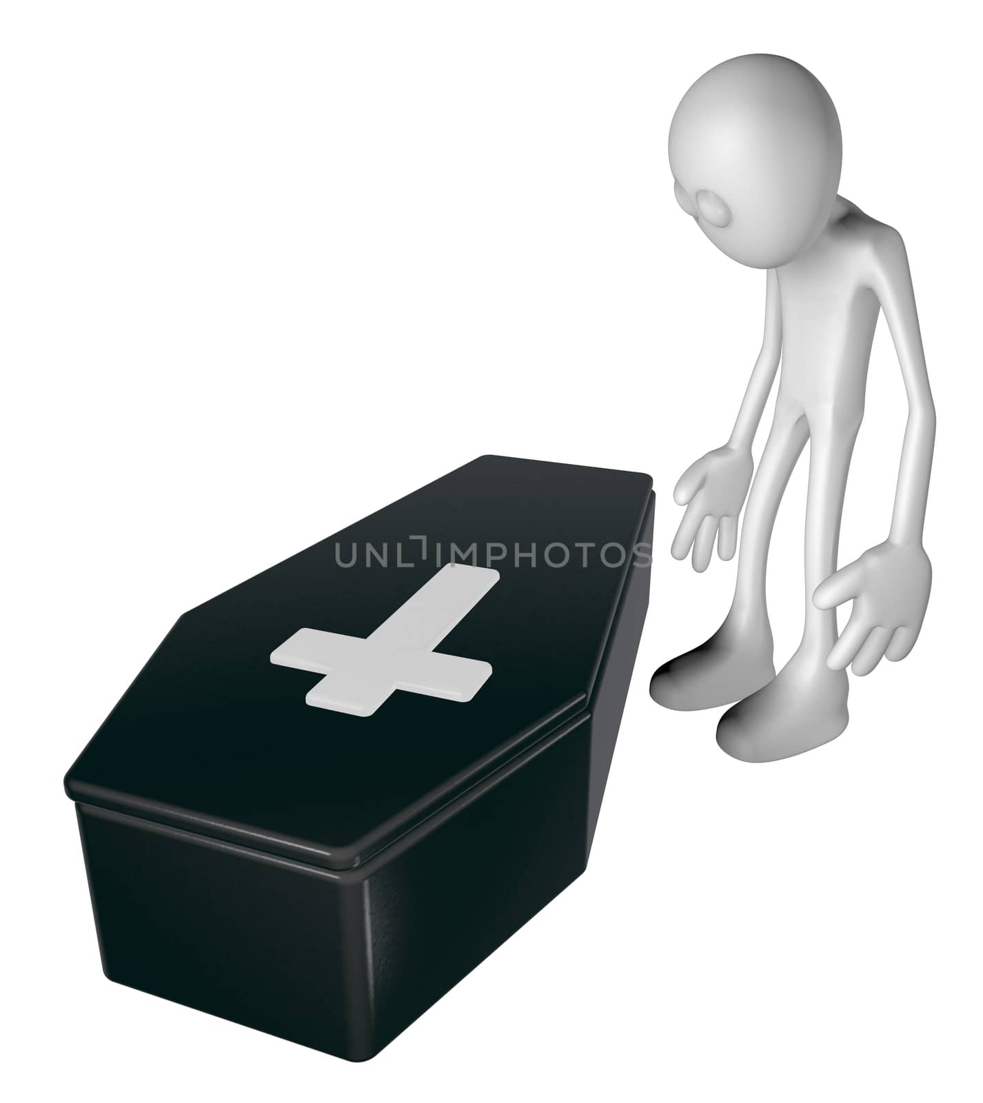 sad white guy stands on black casket whit christian cross - 3d illustration