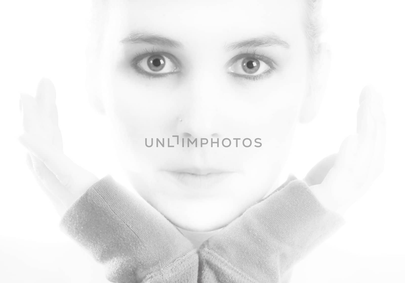 face of beautiful woman with stunning eyes in black and white