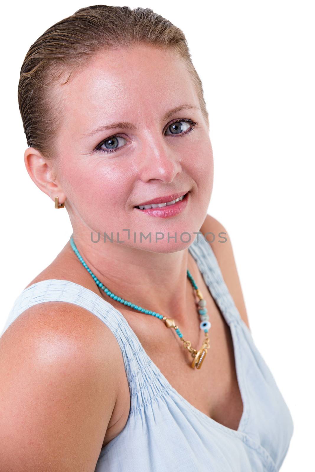 portrait of a blond woman isolated on white background