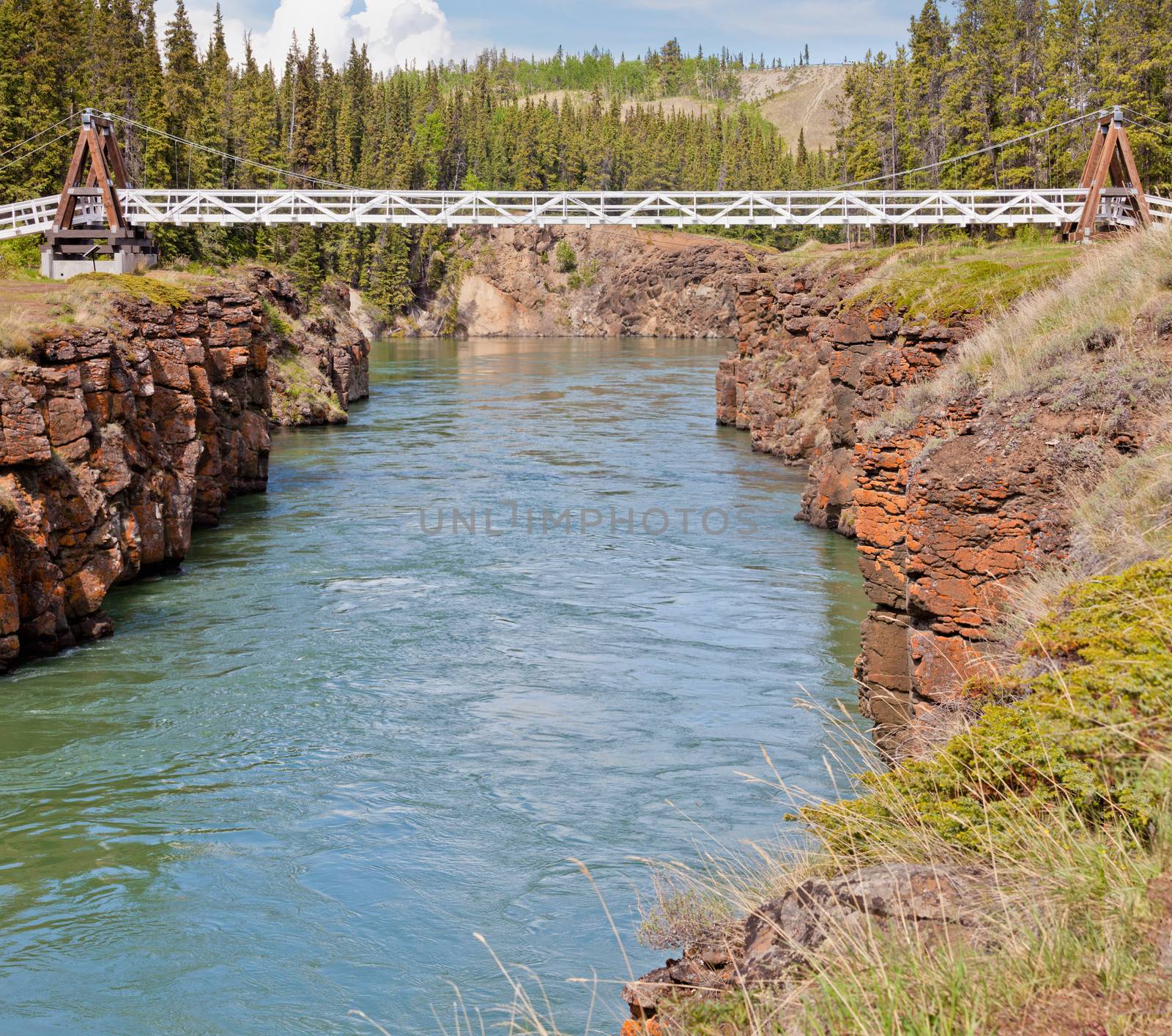 Miles Canyon Yukon River rock cliffs with suspension swing bridge just south of the city of Whitehorse Yukon Territory Canada