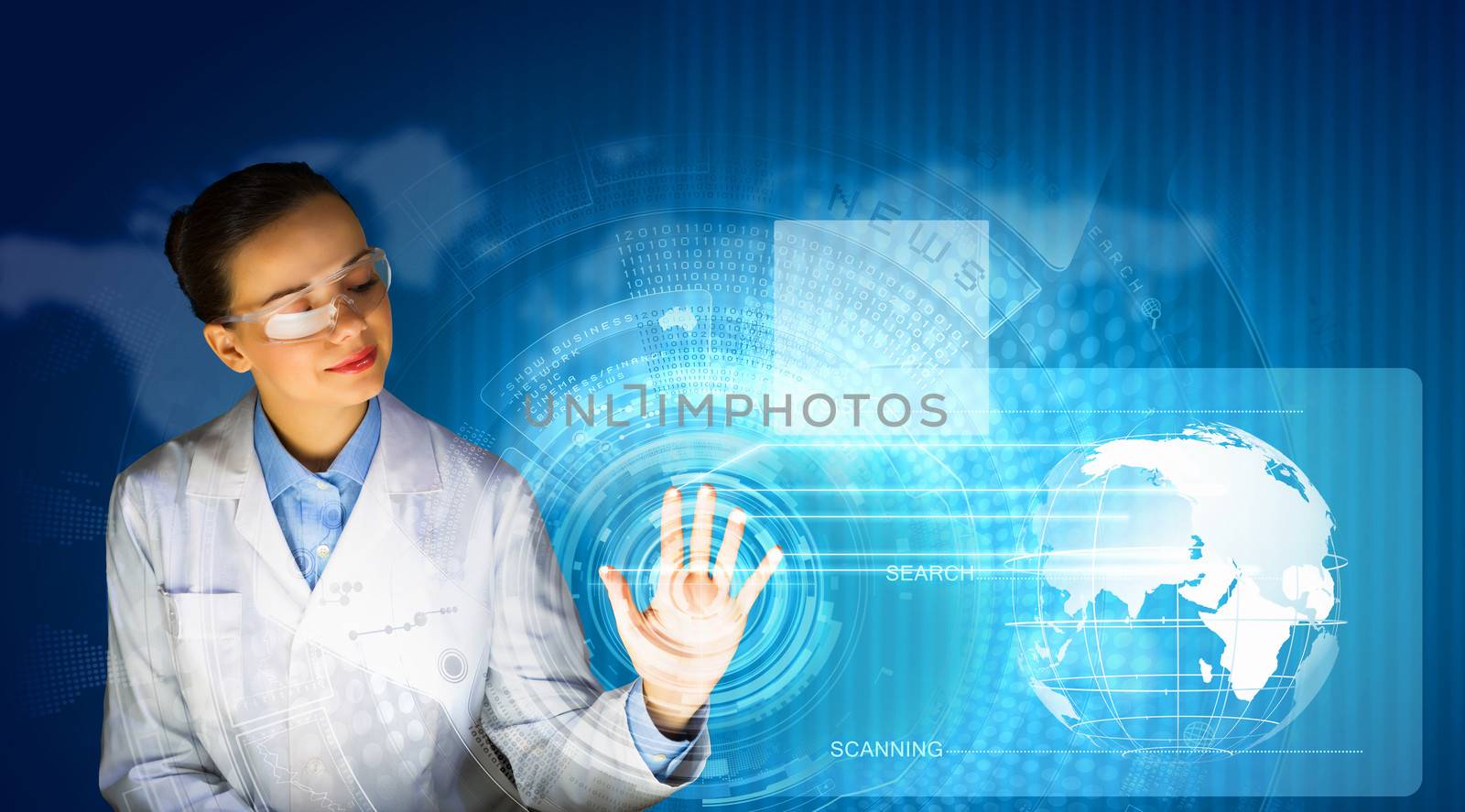 Image of young woman scientist in goggles against media screen