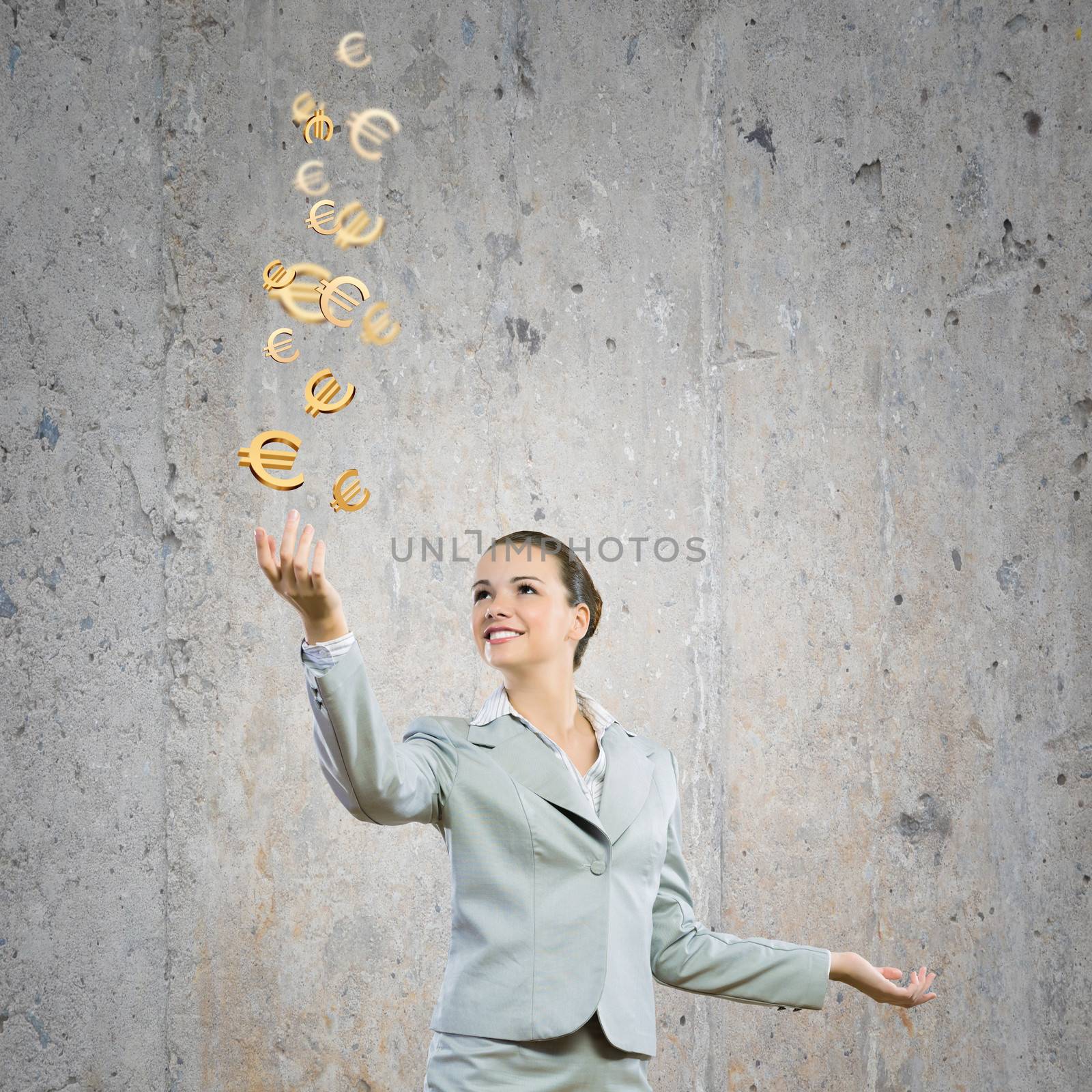 Image of young happy businesswoman. Currency concept