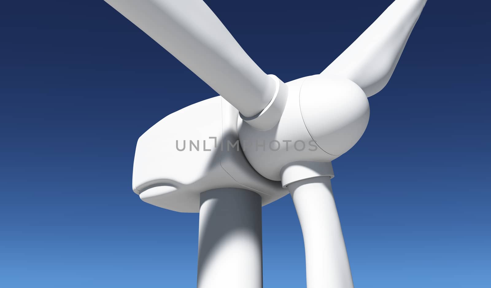 a closeup of a front of a white rotor of a wind generator with a clear blue sky on the background