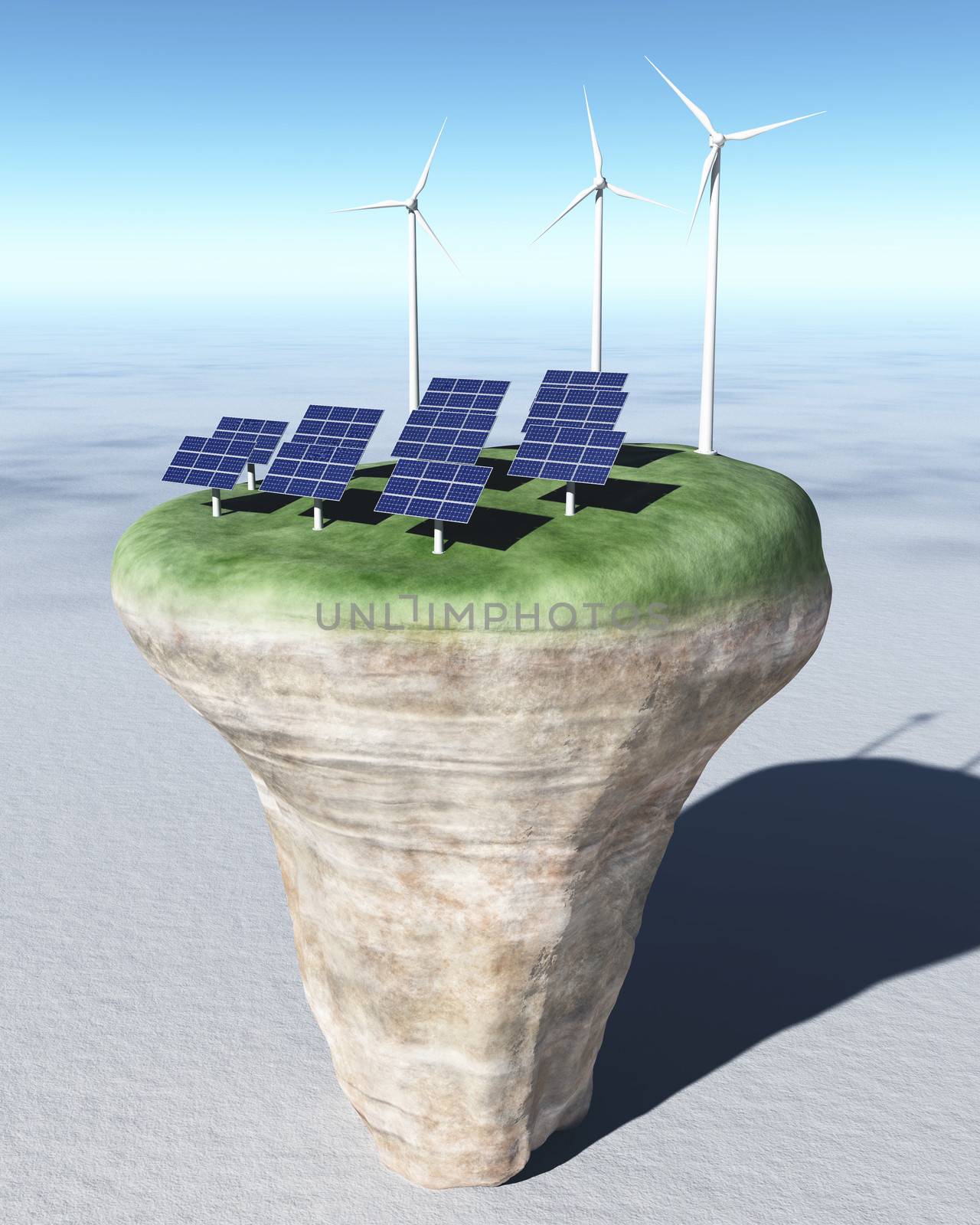 view of a rocky and circular terrain on a desert where are placed on its grassy top, some rows of solar panels and three wind generators behind them, all on a background desert and a clear blue sky