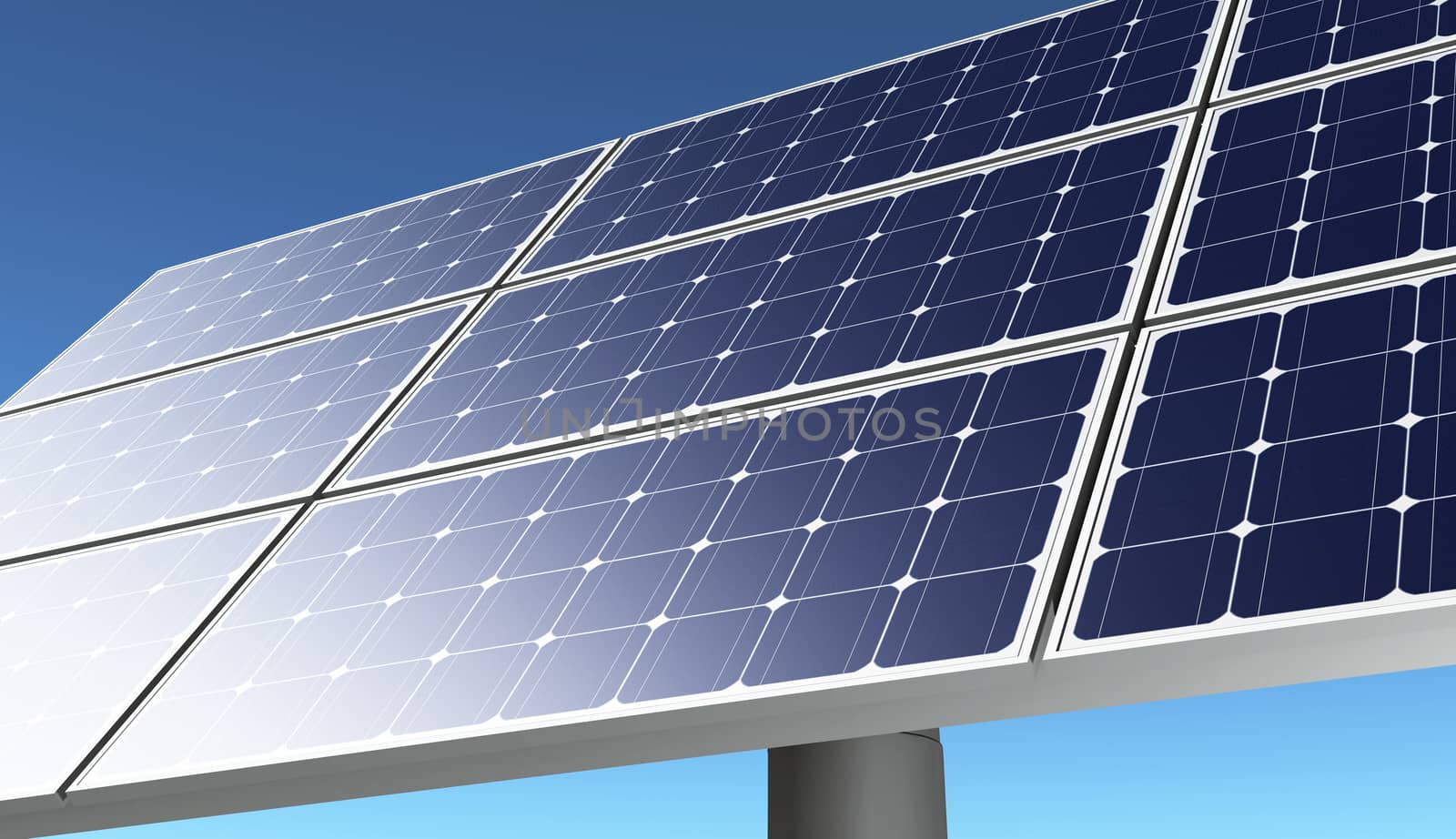 a closeup of a portion of a solar panel in a bright day with a blue sky on the background