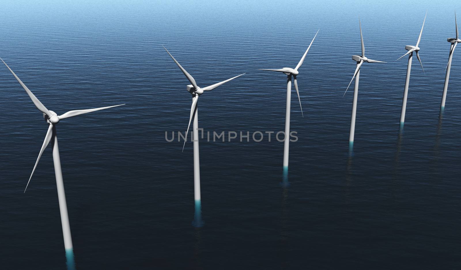 view of a row of a six white wind generators placed on a calm, blue and transparent sea on a sunny day