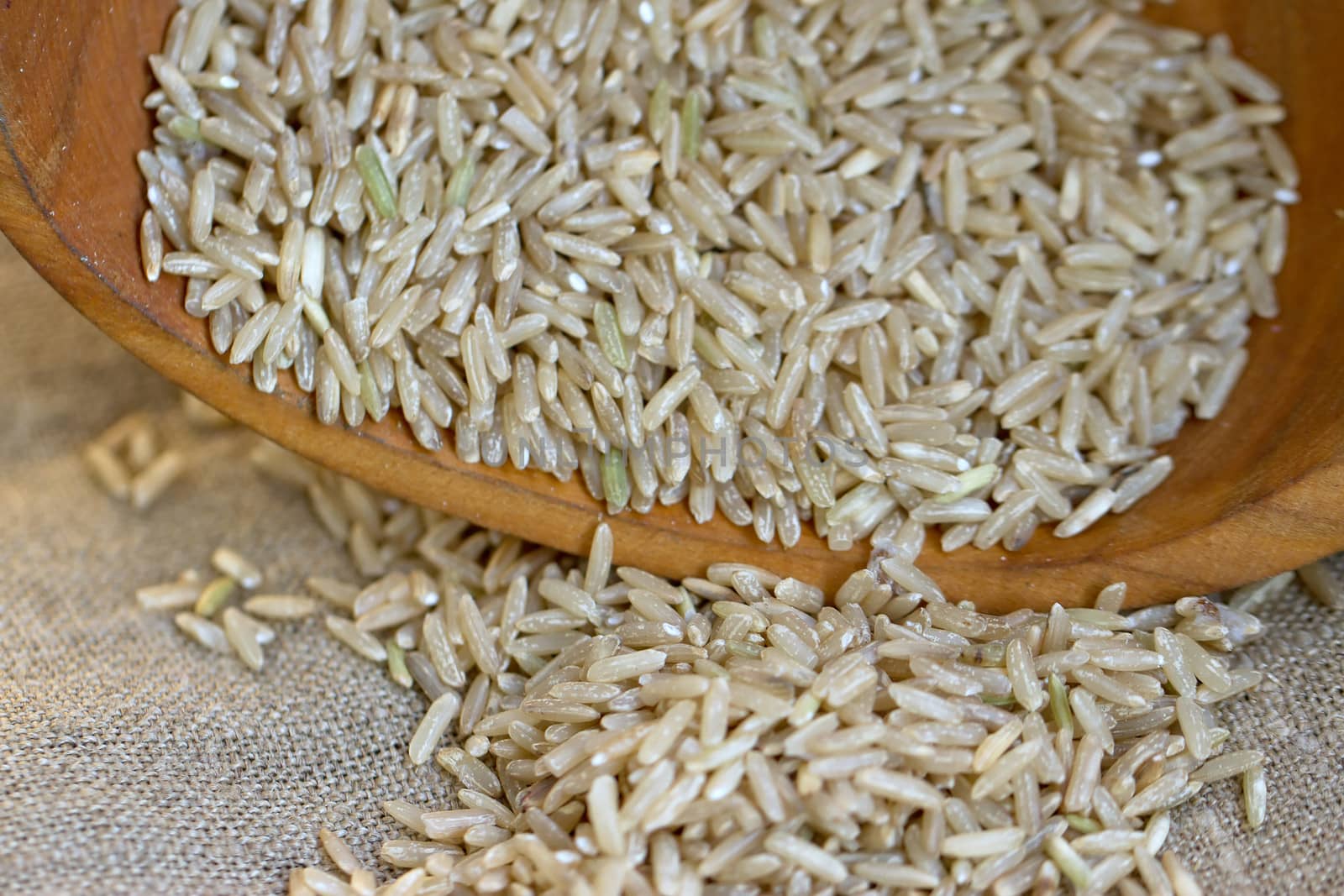 Raw brown rice and wooden spoon