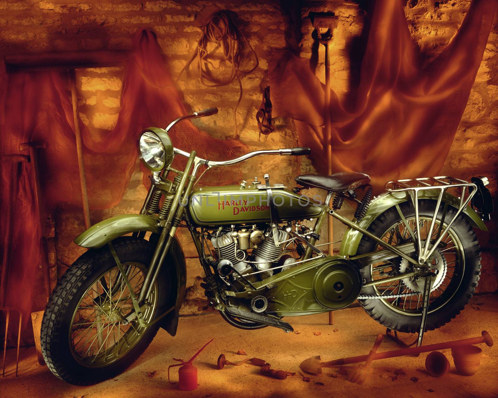 Vintage Harley Davidson Motorcycle in military paintwork - circa 1910