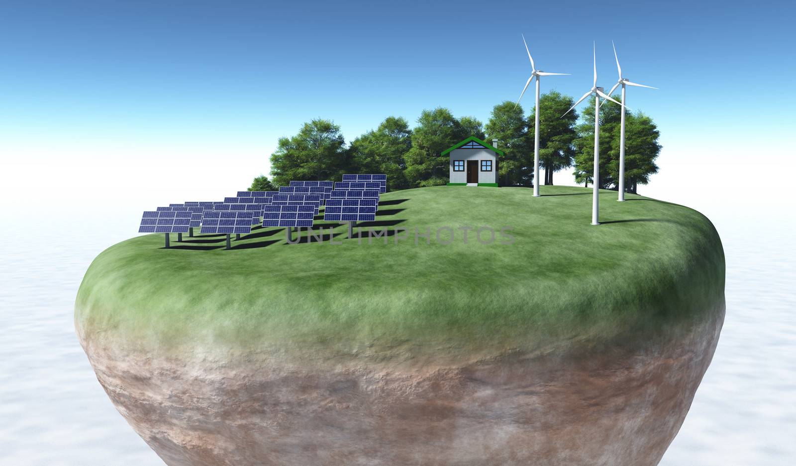 view of a top portion of a rocky and circular terrain where a small house is placed on top of a grassy hill and has rows of solar panels on the left, wind generators on the right and some trees behind them, all on a background desert and a blue sky