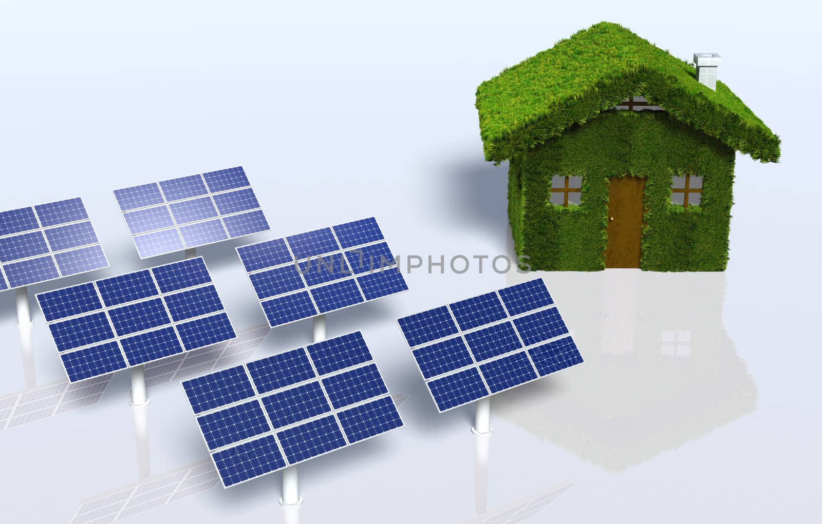 a small house covered by grass on the walls and on the roof, has on the left some solar panels placed on the ground, on a white background