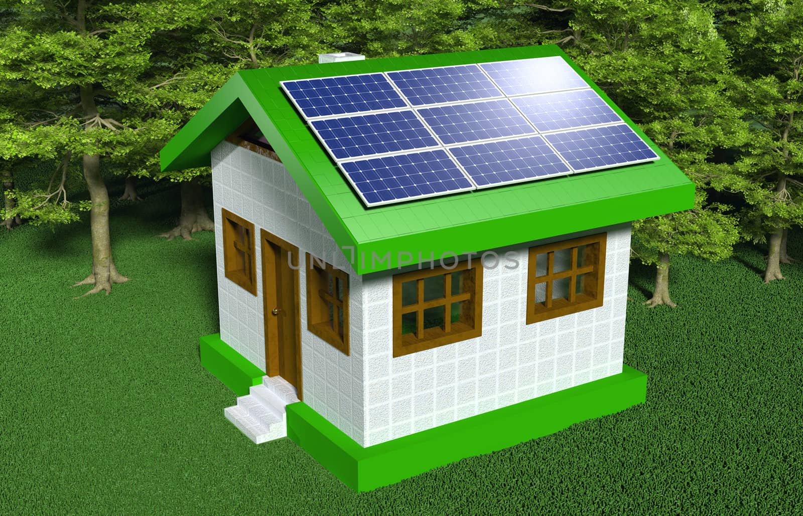 a small house with white walls and green roof has some solar panels placed on one side of the roof with the sun that reflects in them, on a grassy ground and trees behind it