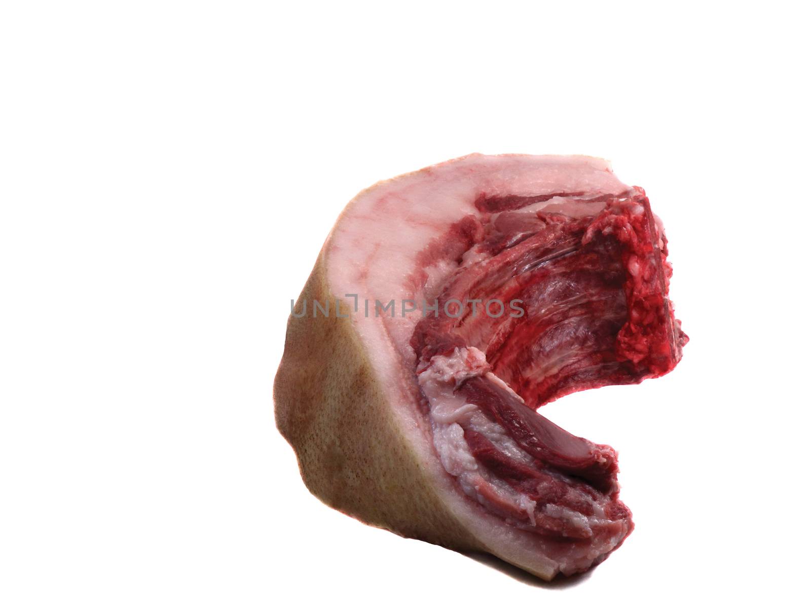 A large piece of raw pork meat on a white background. by georgina198