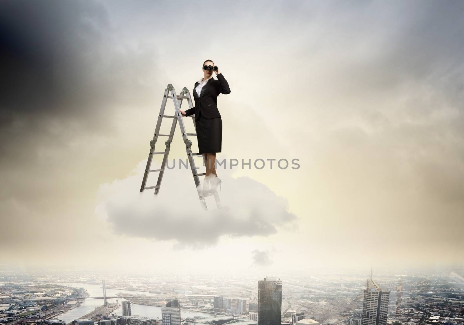 Image of businesswoman standing on ladder and looking in binoculars