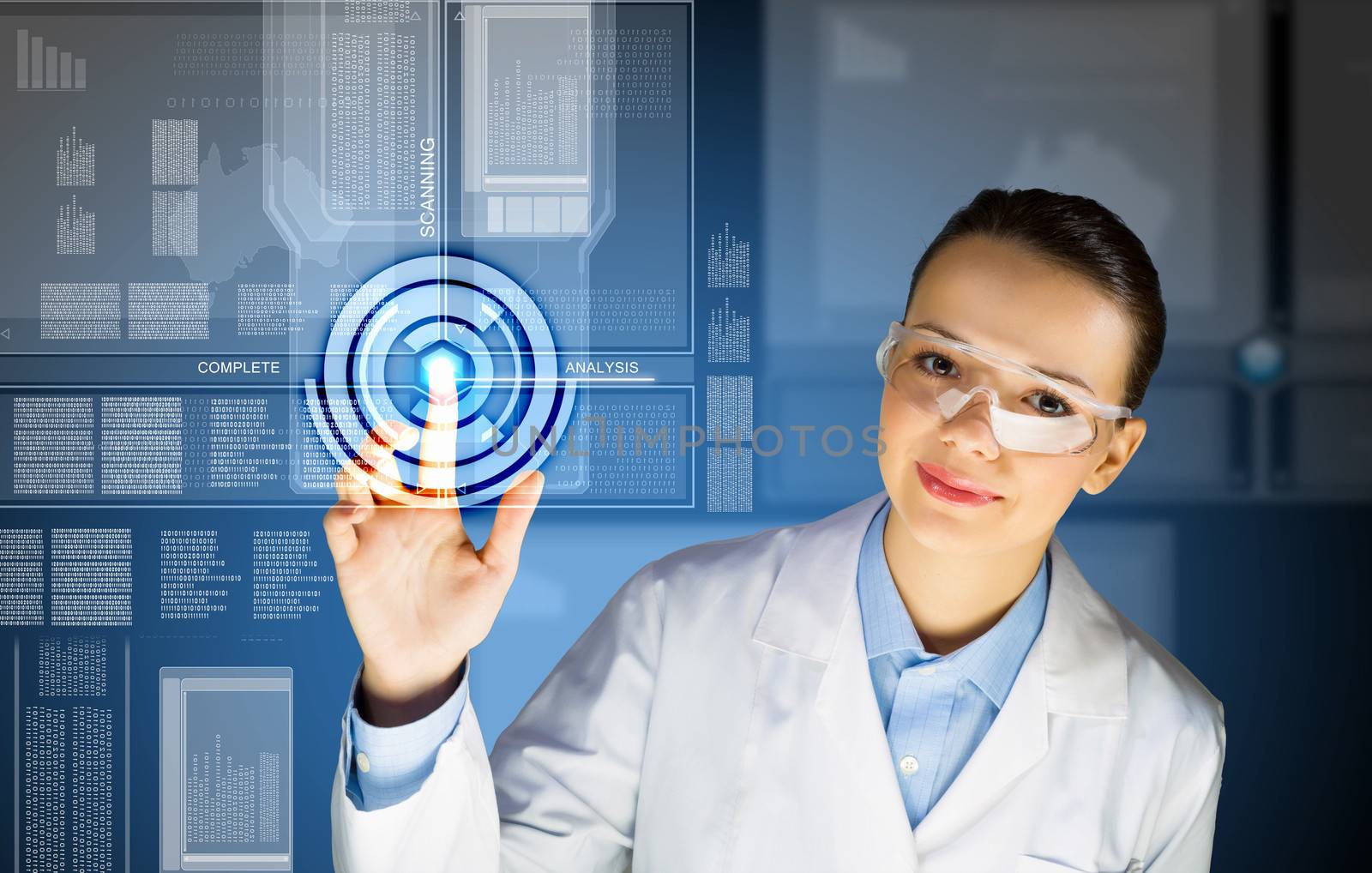 Image of young woman scientist touching icon of media screen