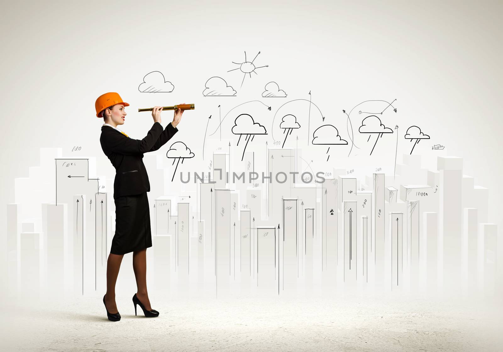 Image of young woman looking into tube. Construction concept