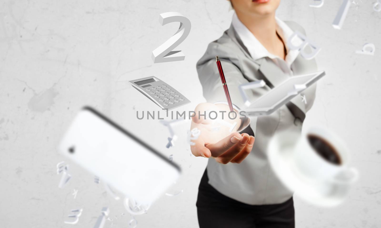 Businesswoman, secretary throwing devices. Office life concept