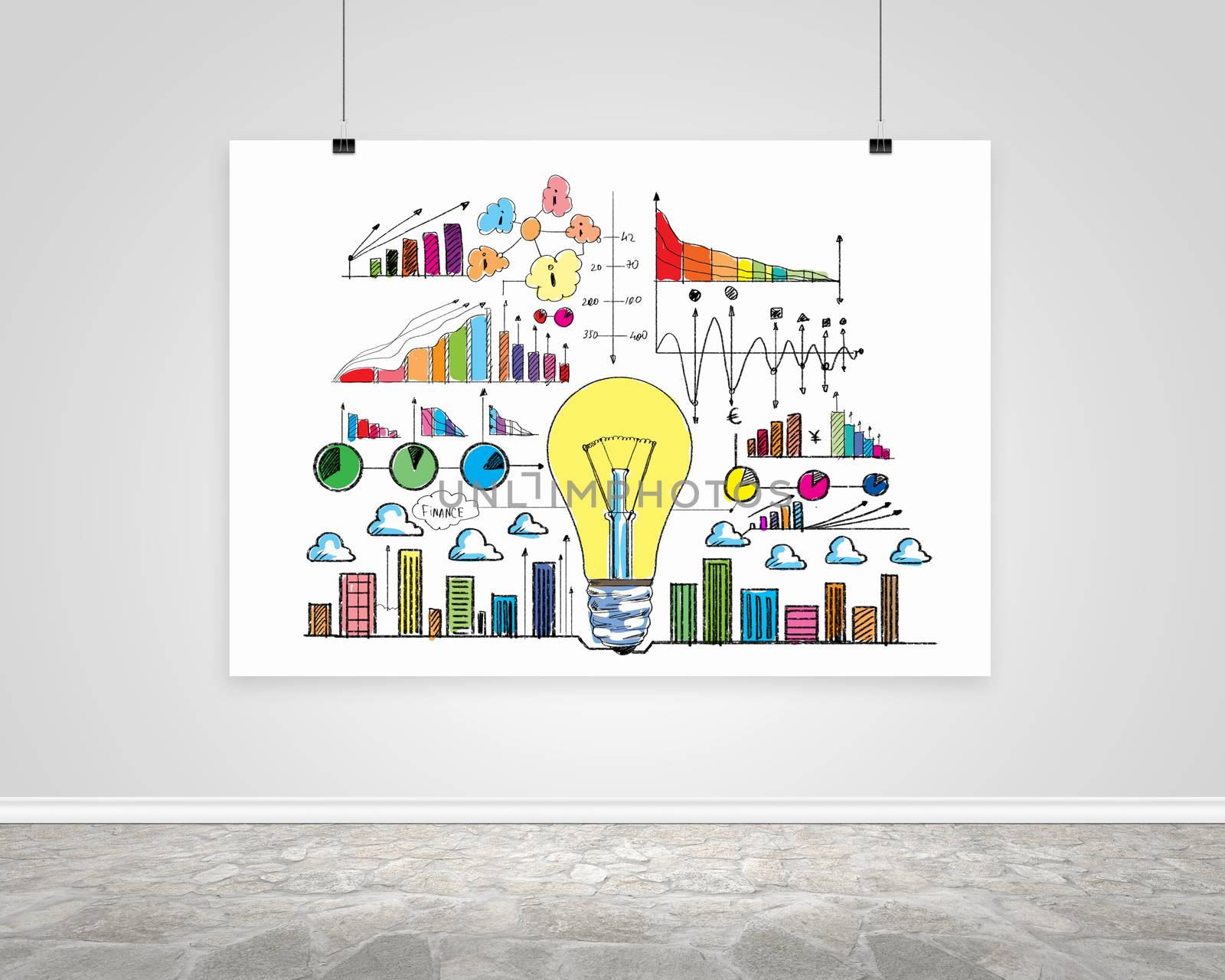 Hanging banner with business plan, graphics and diagrams