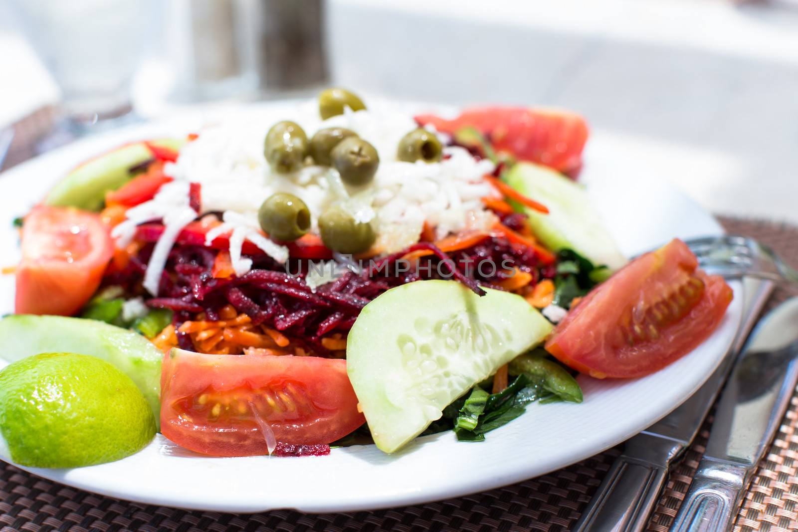 Closeup view of a plate of fresh mixed salads and vegetables with tomato, cucumber and lemon in the foreground