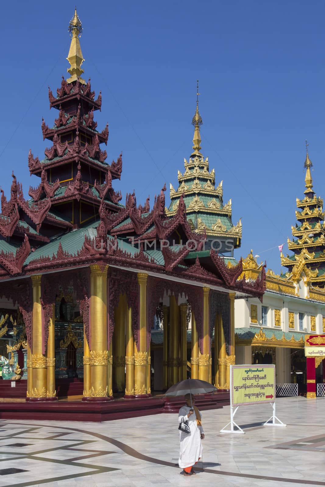 Temples in the Shwedagon Pagoda complex, officially titled Shwedagon Zedi Daw, in the city of Yangon in Myanmar (Burma).