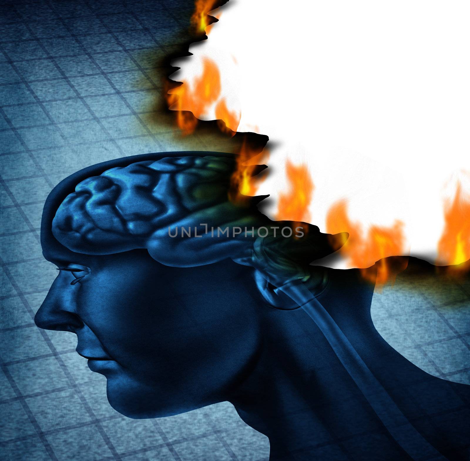 Brain disease and burn out icon as a medical neurology and health care symbol with a picture of a human head being burnt with fire flames as a concept of  alzheimer and dementia illness.