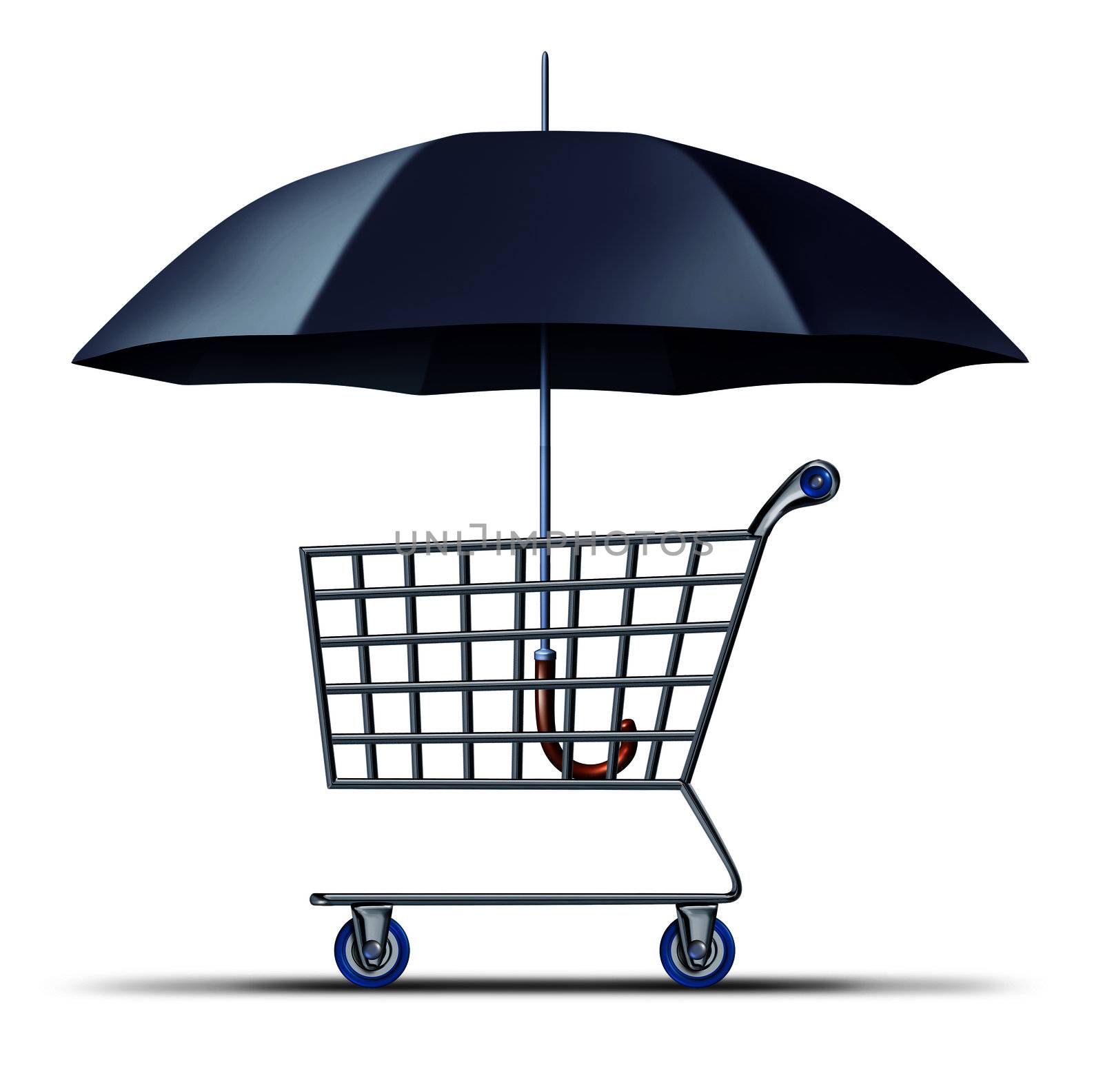 Consumer security and protection with a shopping cart being protected and shielded by an umbrella as a business concept for buyer and credit  card safety  or manufacturers guarantee.