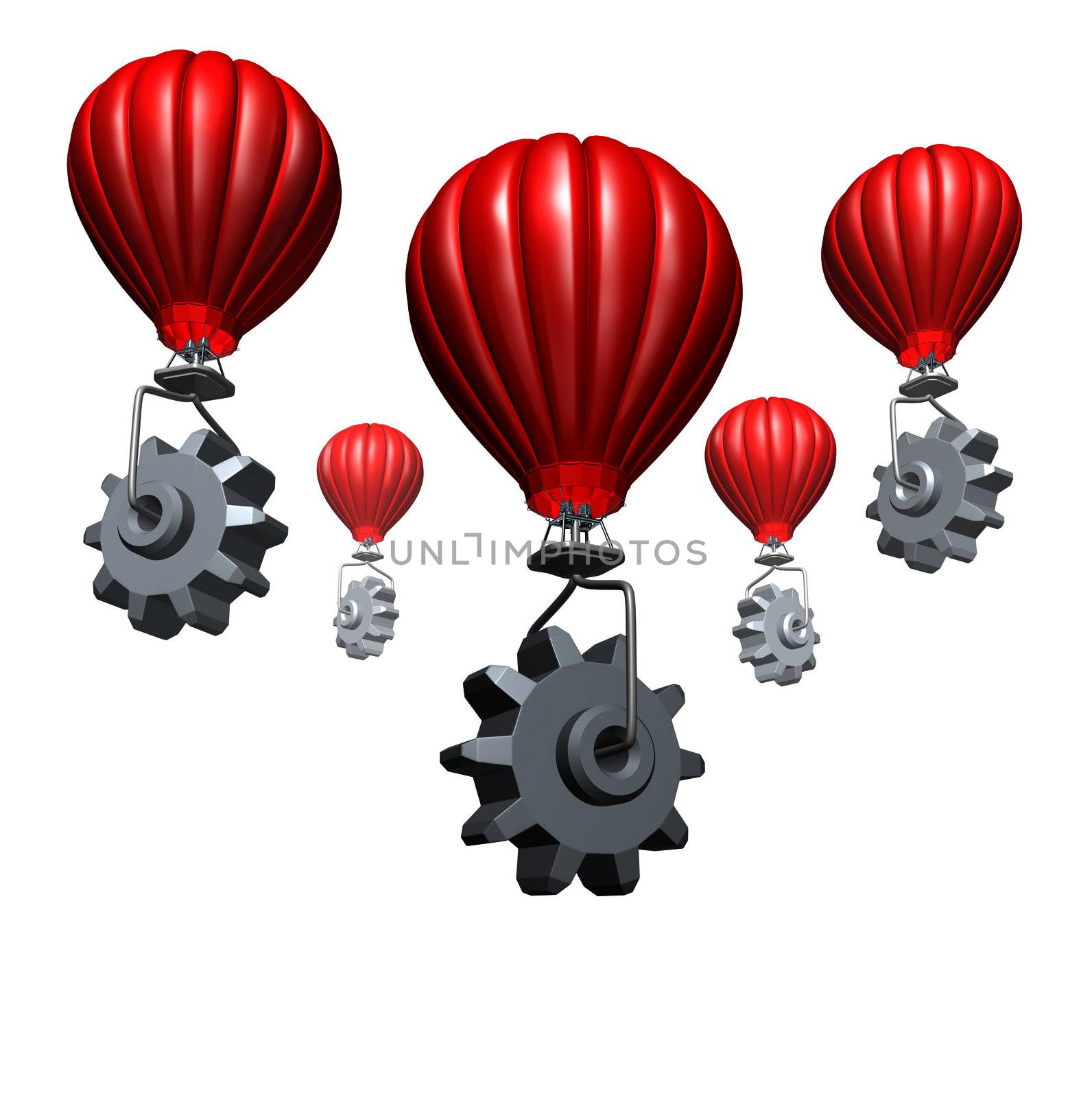 Cloud computing business and strategic partnership technology concept with hot air balloons with gears and cogs building a website or network of virtual servers for the internet on a white background.