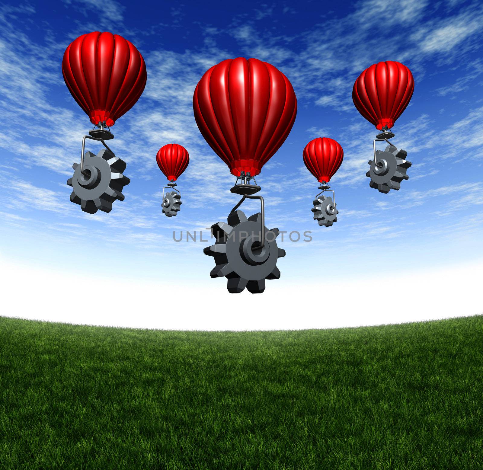Internet cloud network with red hot air balloons lifting gears and cogs up to the sky as a mobility technology concept of virtual data and assembling a mobile industry partnership on a summer sky with grass.