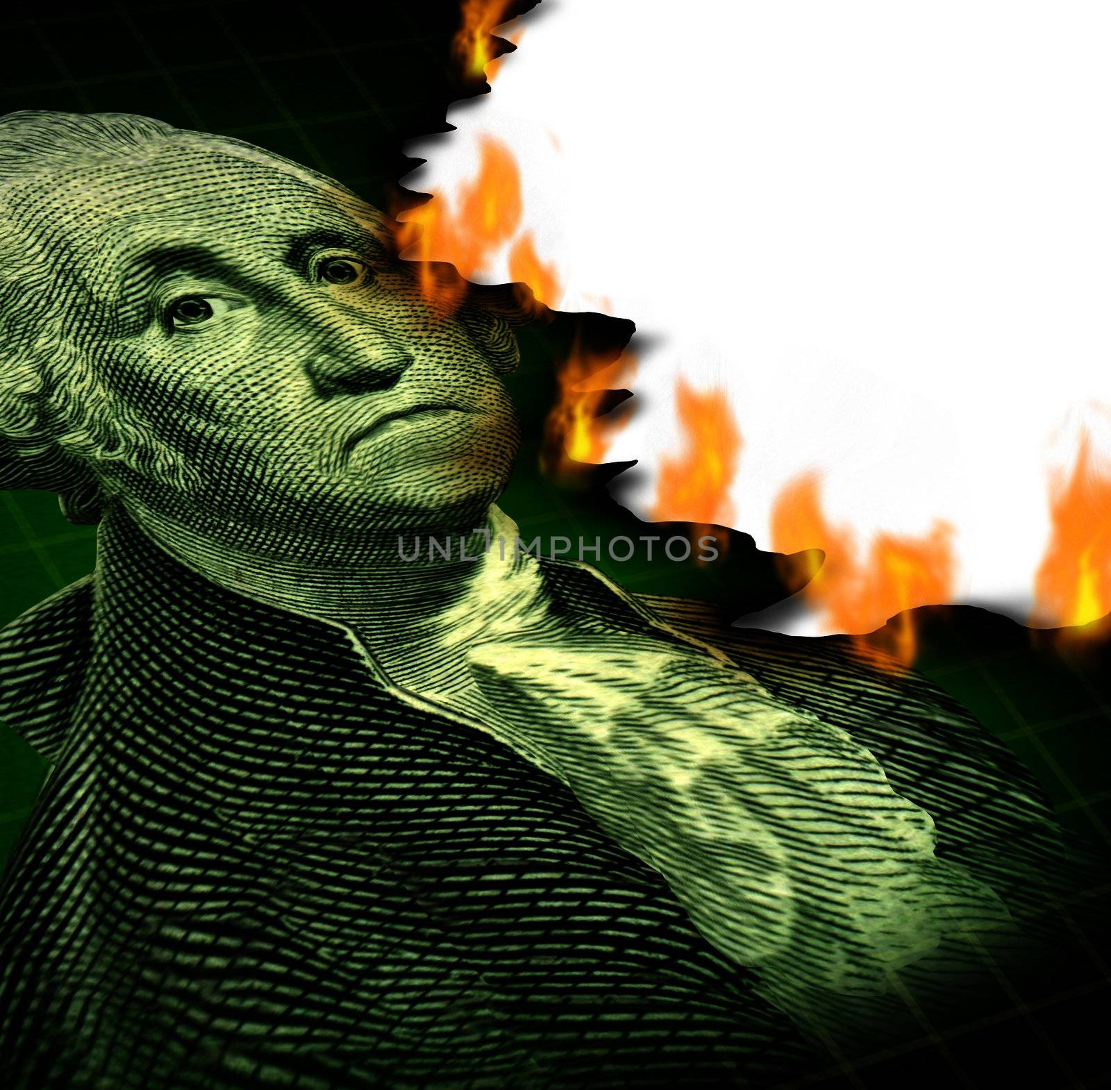 Losing your investment and financial debt crisis concept with a paper currency icon of George Washington and flames burning the paper as a symbol of declining wealth and finance despair.