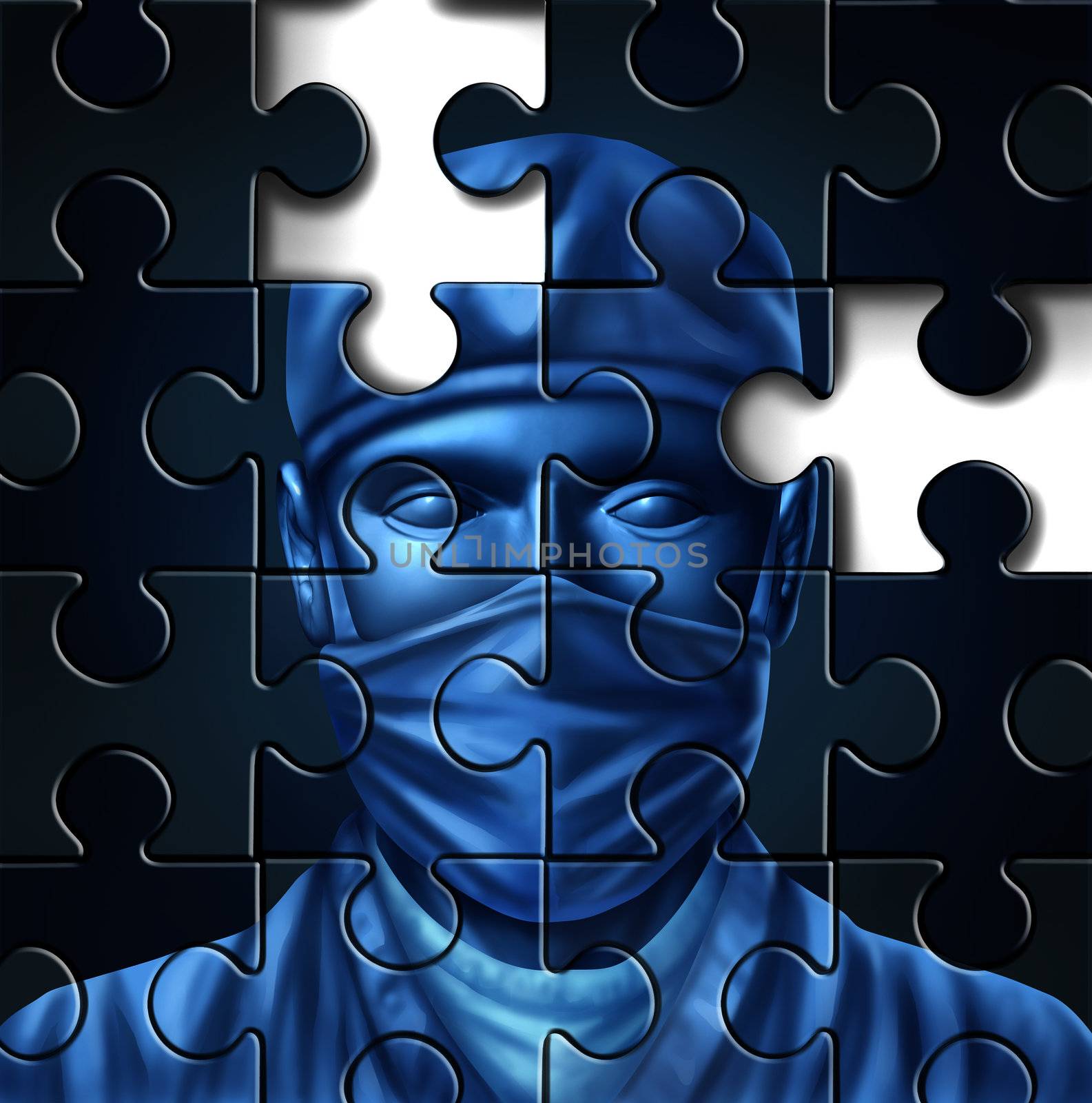 Medical care problems concept with a doctor and a surgeon mask symbol in a puzzle jigsaw texture with pieces missing as change to the status quo of the broken hospital service insurance that needs to be fixed.