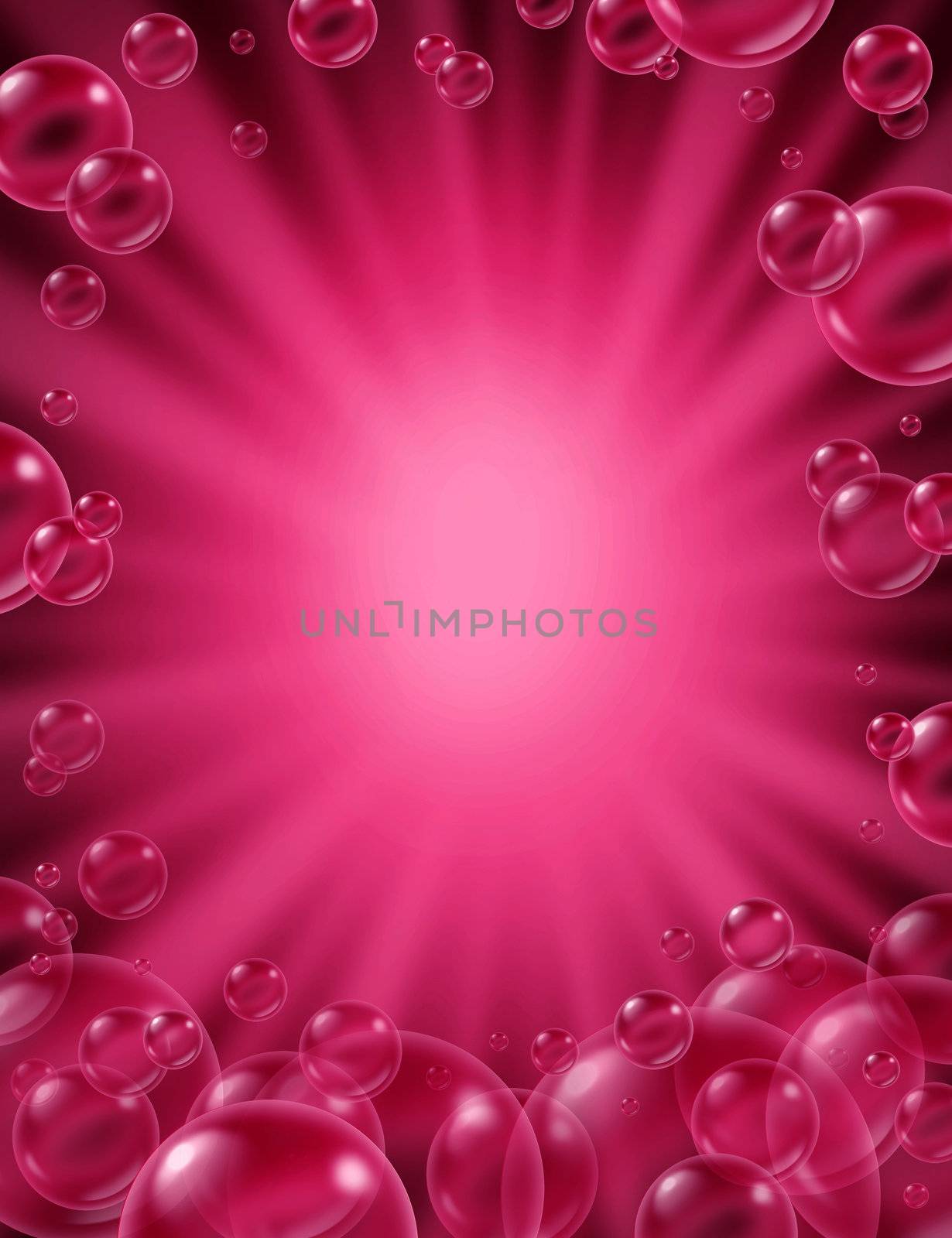 Pink bubbles background with a star burst frame and transparent bath soap suds bubbling with blank area for text with pretty delicate foam in many sizes as clean beauty symbols of washing and freshness.