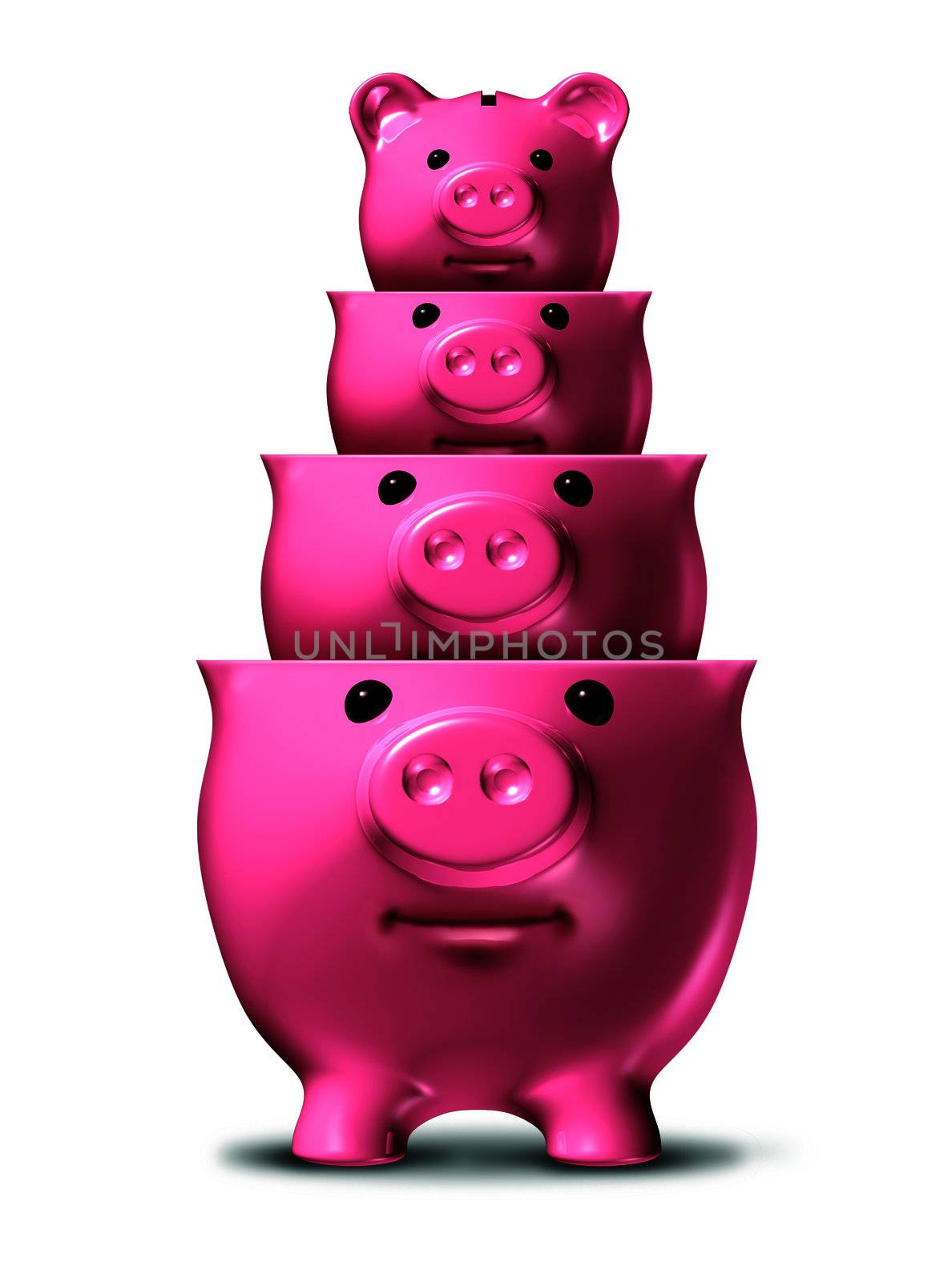 Savings loss and shrinking financial wealth and home finances with piggy banks shrinking in size as a symbol of debt and recession and losing money on a white background.