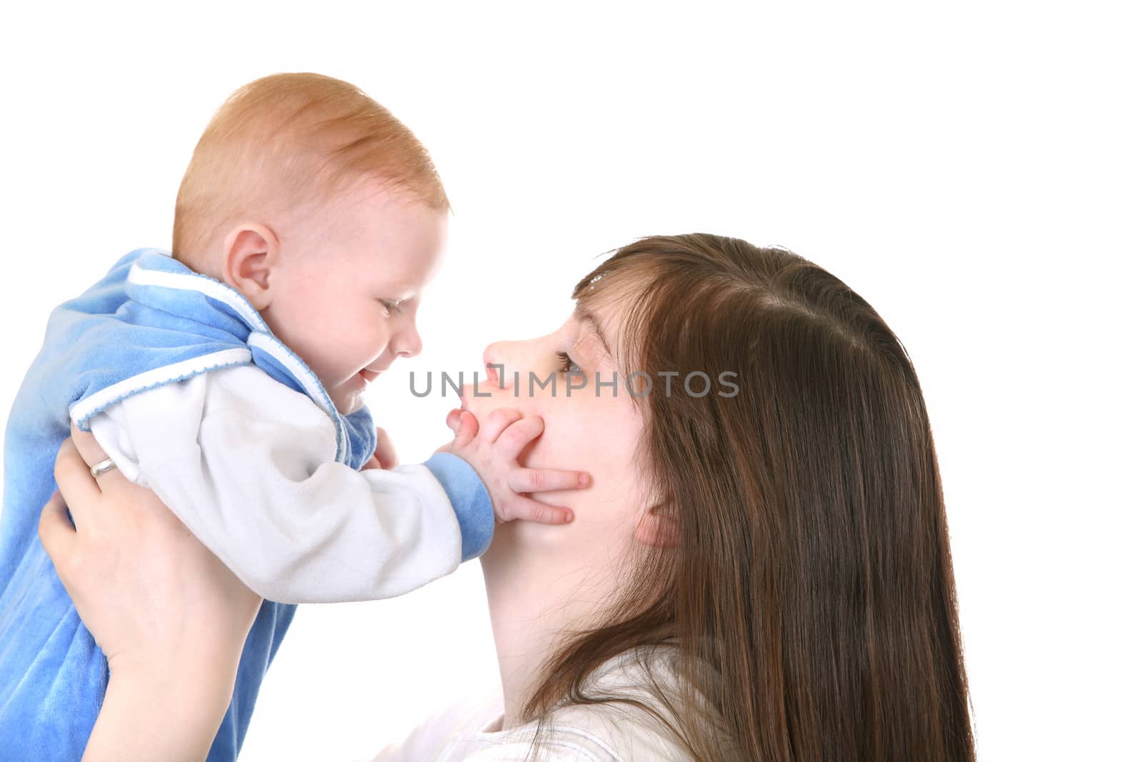 Young Mother and beautiful Baby Boy Isolated on the White Background