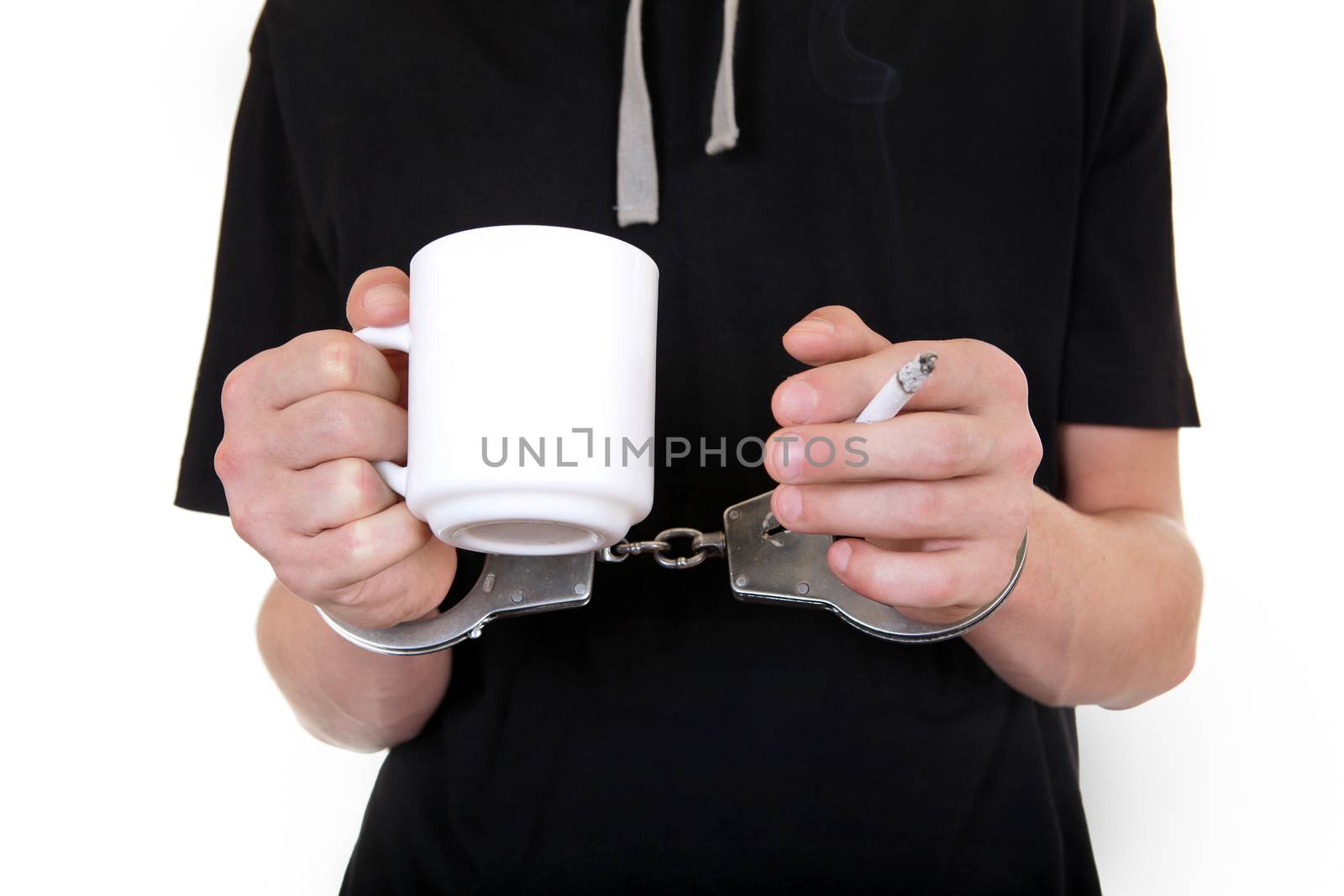 Man in Handcuffs with Cigarette and Cup of tea closeup Isolated on the White Background