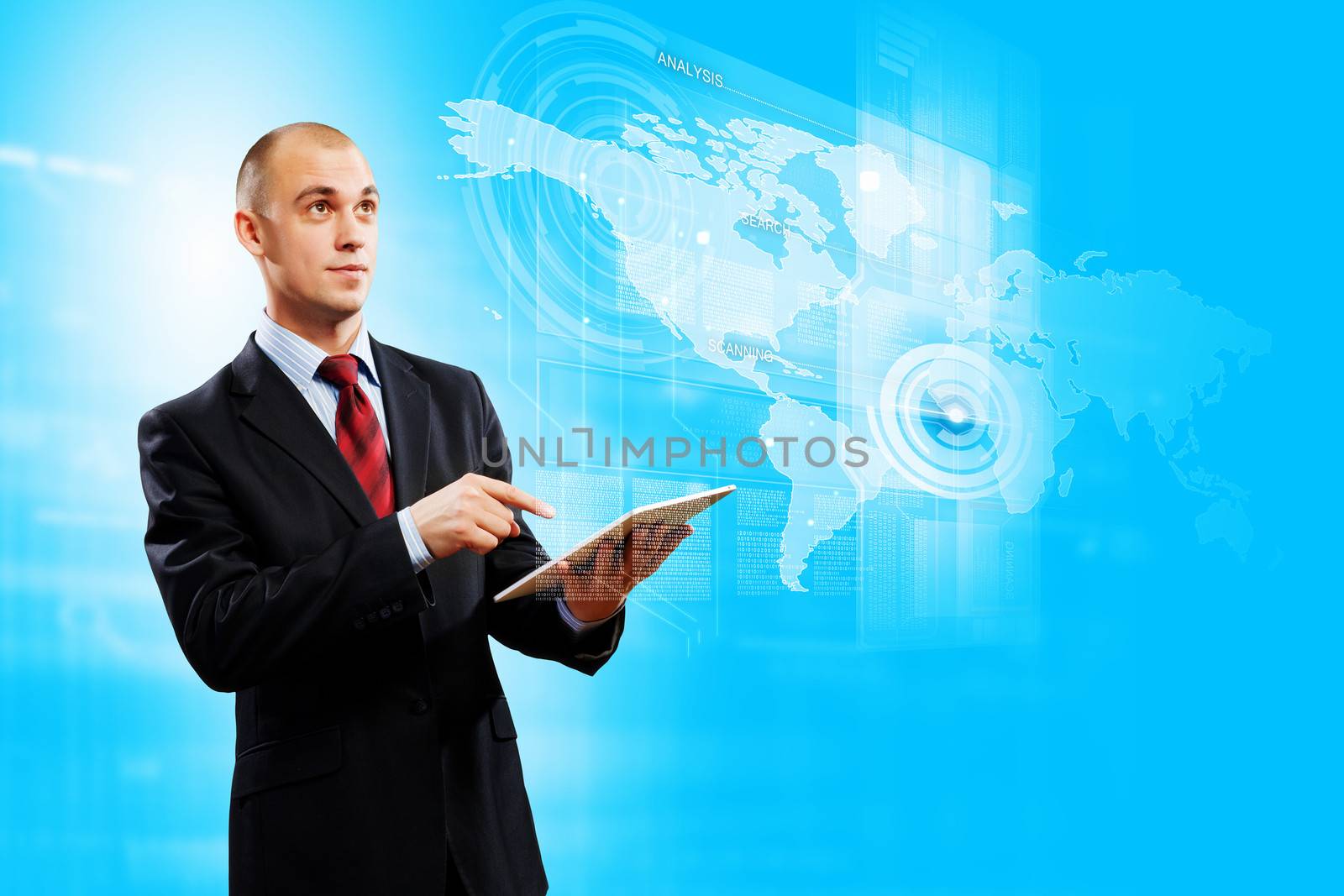 Image of businessman with tablet pc against media background