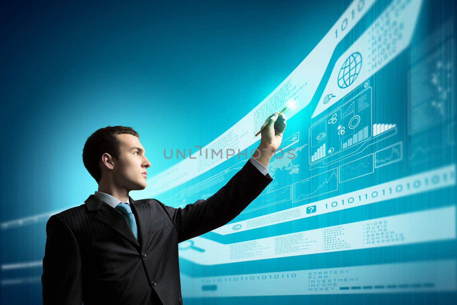 Image of businessman pressing icon of media screen. Innovations