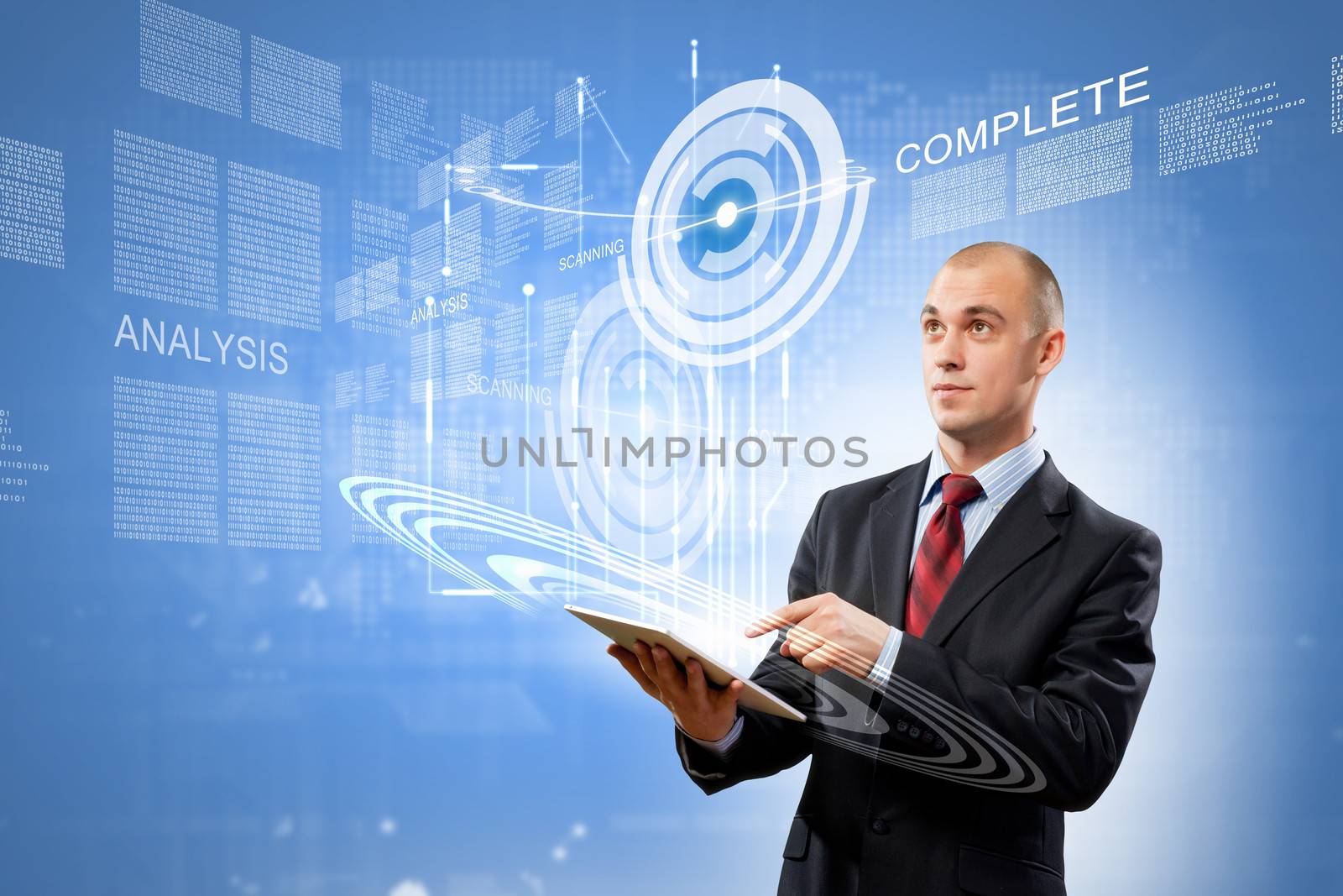 Image of businessman with tablet pc against media background