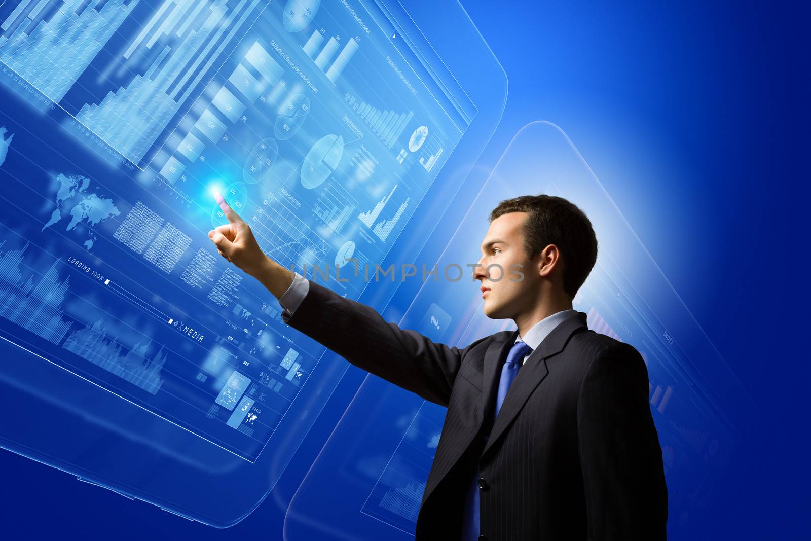 Image of businessman pushing icon of media screen. Marketing concept