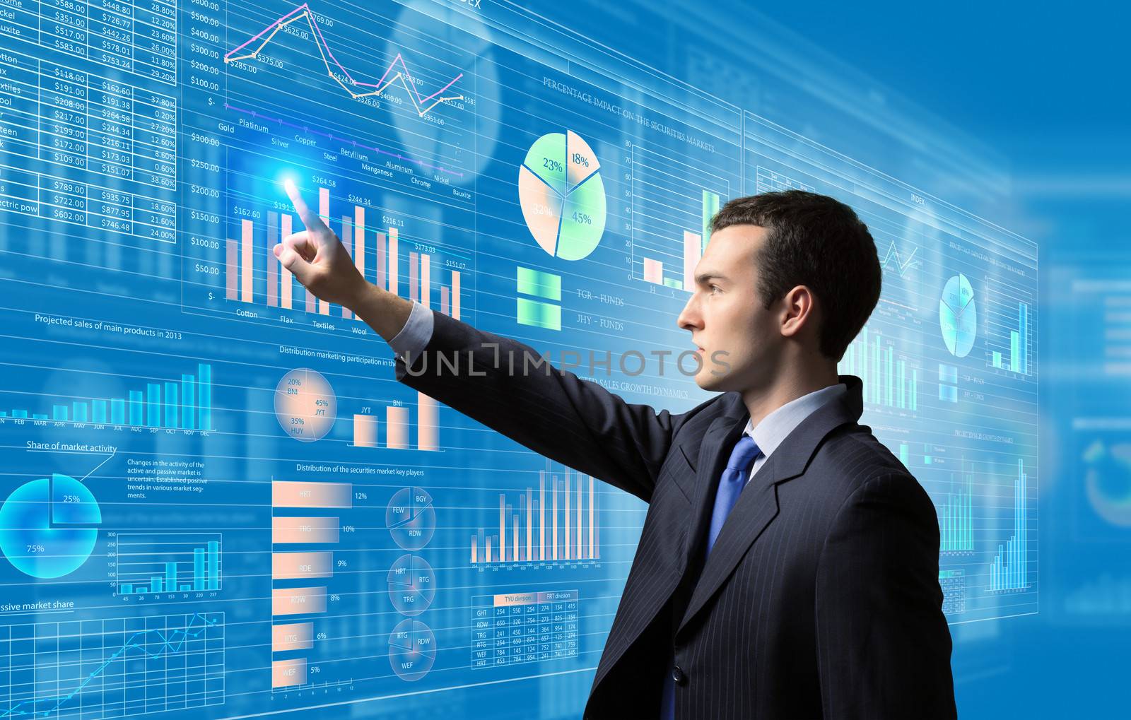 Image of businessman pushing icon of media screen. Marketing concept
