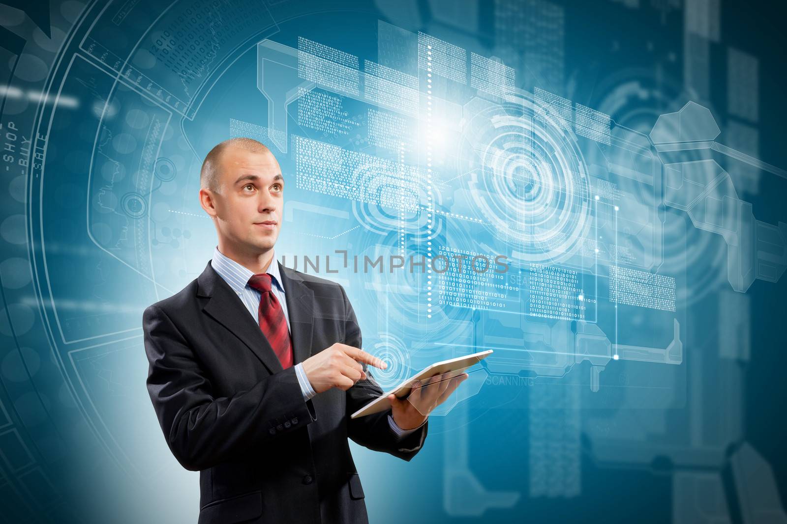 Image of businessman with tablet pc against media background