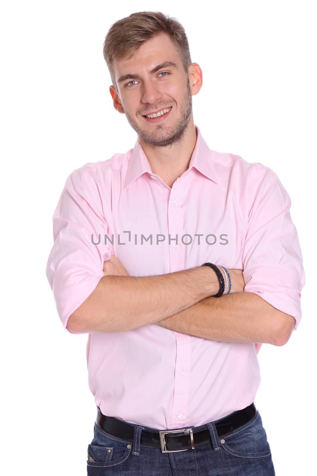 Portrait of a young man standing against white background