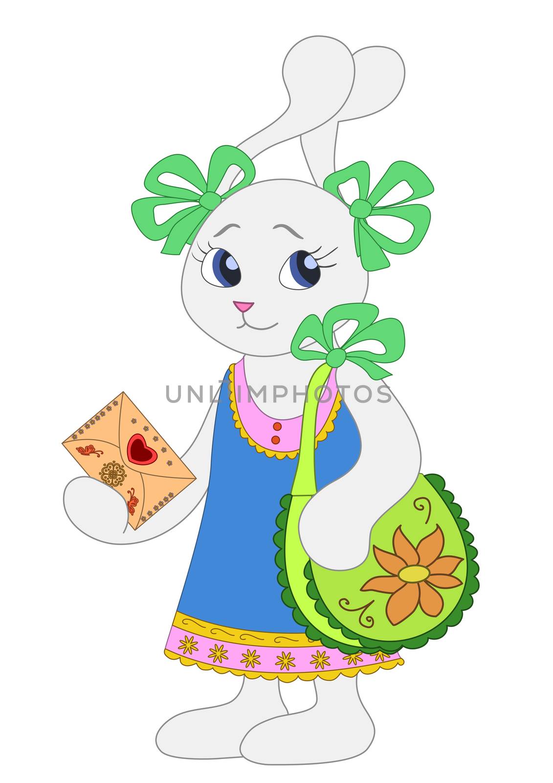 Cartoon rabbit girl with a celebratory congratulatory card.
