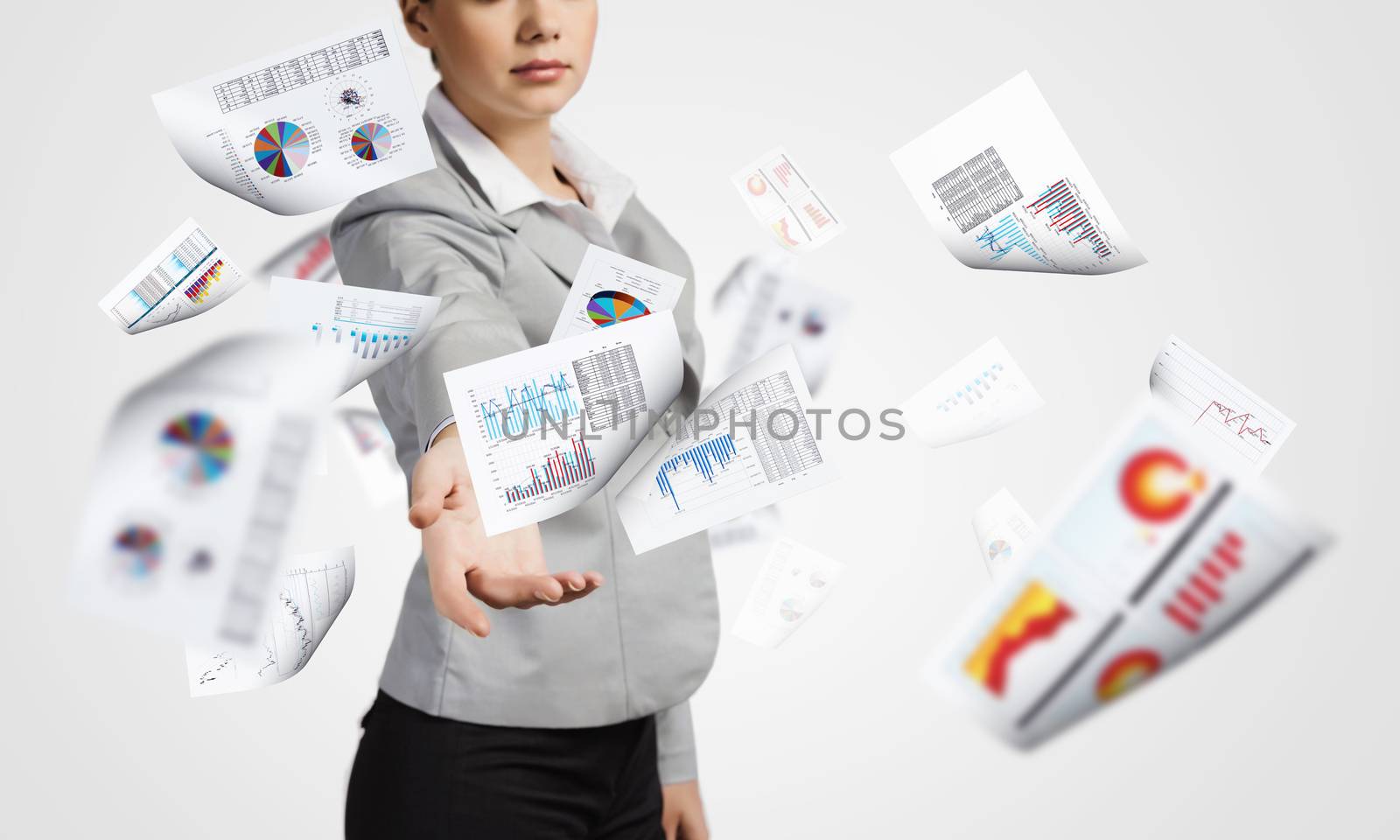 Businesswoman, secretary throwing paper documents. Office life concept