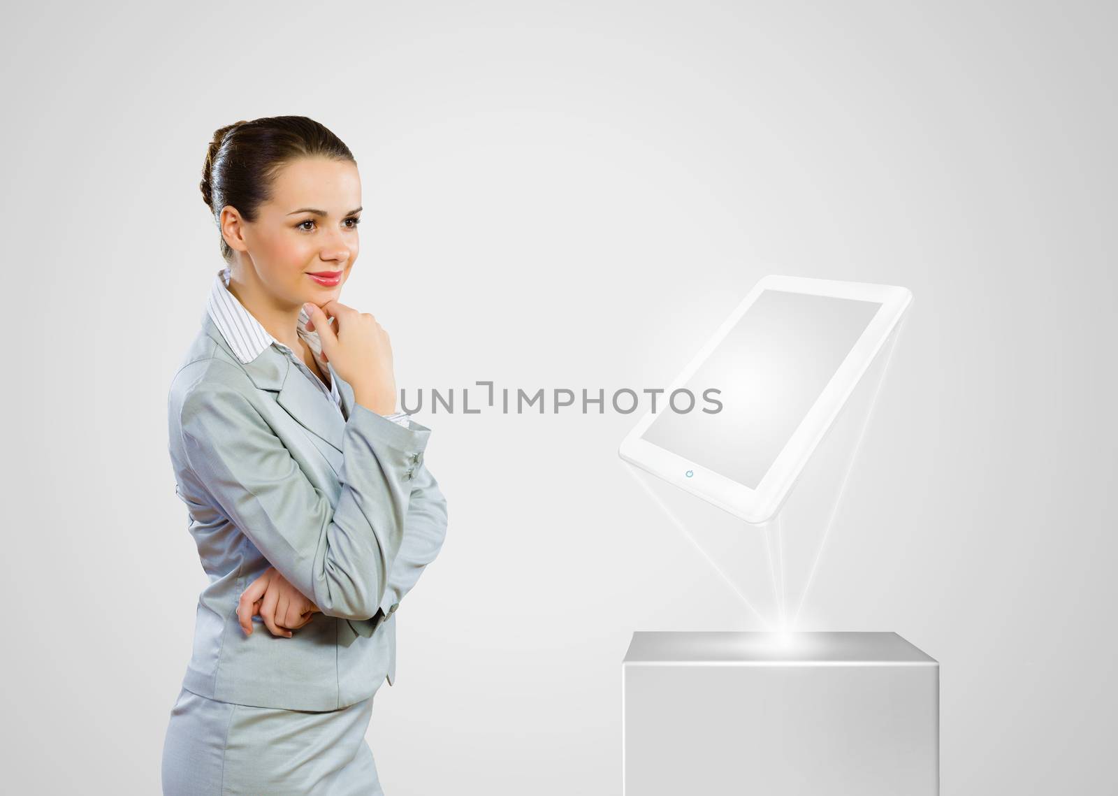 Image of businesswoman and white tablet pc. New technologies