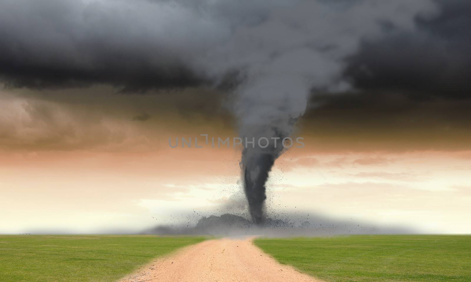 Image of powerful huge tornado twisting in meadow