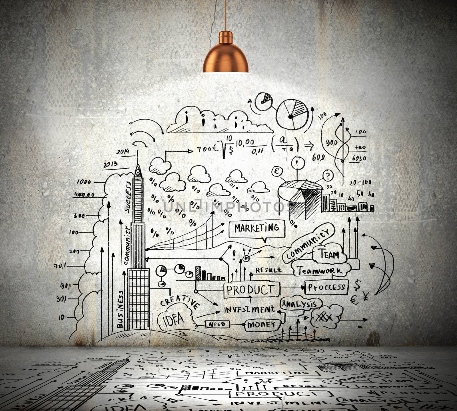Drawn business plan on wall illuminated by lamp above