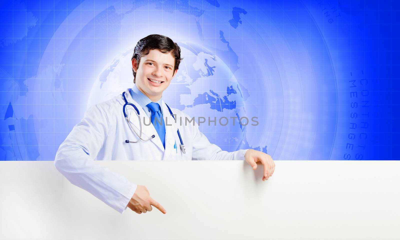 Image of handsome doctor holding white blank banner