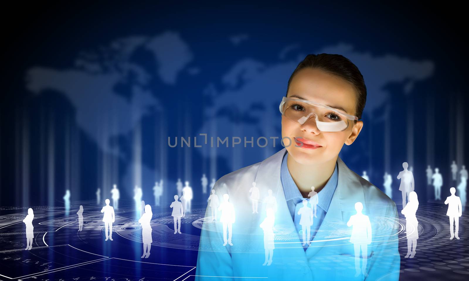 Image of young woman scientist in goggles against media screen. Net communication