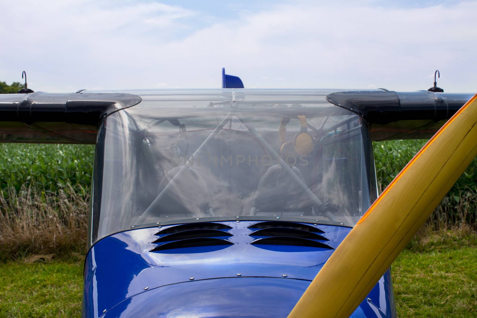 View past the propeller of the windshield, support struts and cockpit of a small fixed wing aircraft parked in a field